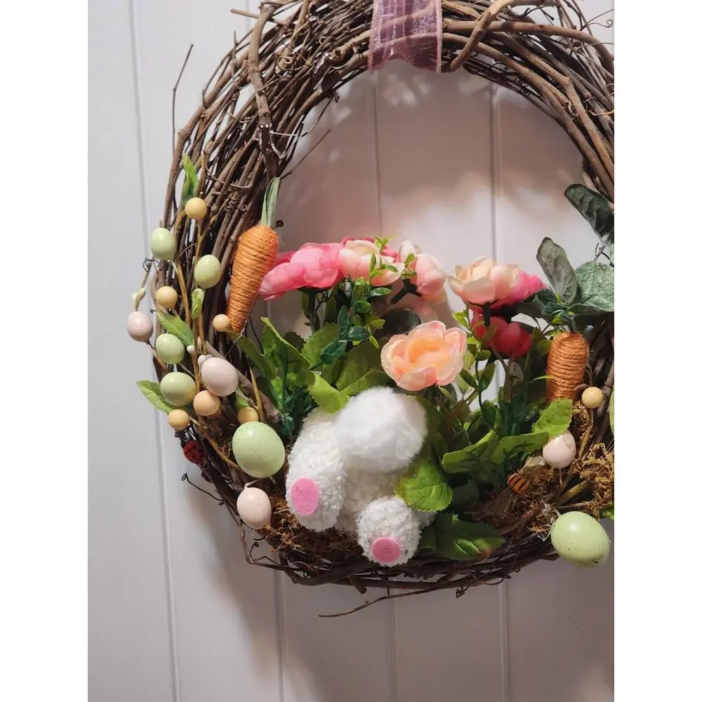 Handmade Grapevine Spring Easter Bunny Wreath Eggs Carrots Door Decor 16